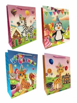 Torebka ozdobna prezentowa urodzinowa Zwierzątka 9877C 18x23x10cm p12, mix cena za 1 szt