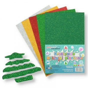 Kreatywne naklejki piankowe Choinki BN1 brokatowe 20,3x31,2cm mix kolorów 5 arkuszy, cena za op