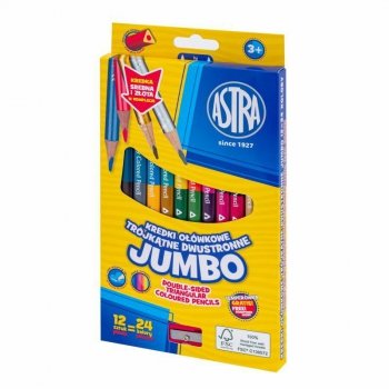 Kredki ołówkowe dwustronne jumbo ASTRA 12=24 kolory z temperówką, złota i srebrna kredka w komplecie