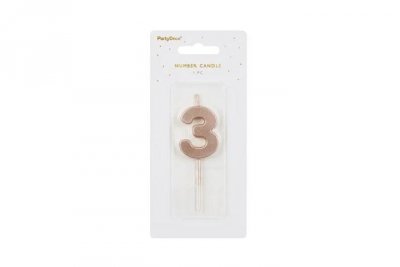 PARTYDECO Świeczka urodz.Cyferka 3 róż.złoto 4,5cm 36543