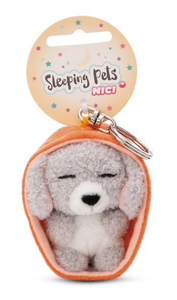 NICI 49991 Brelok Sleeping Pets pies pudel szary 8cm, koszyk pomarańczowy