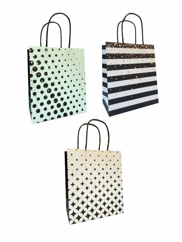 Torebka ozdobna prezentowa biało czarna 9061B 18x21x10cm p12, mix cena za 1 szt