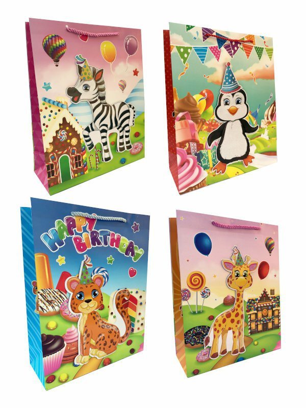 Torebka ozdobna prezentowa urodzinowa Zwierzątka 9877C 18x23x10cm p12, mix cena za 1 szt