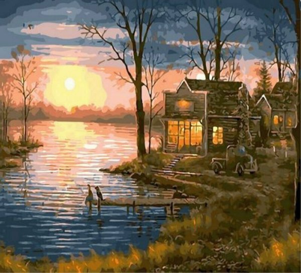 Malowanie po numerach Domek nad jeziorem zachód słońca 50x40cm 1008865