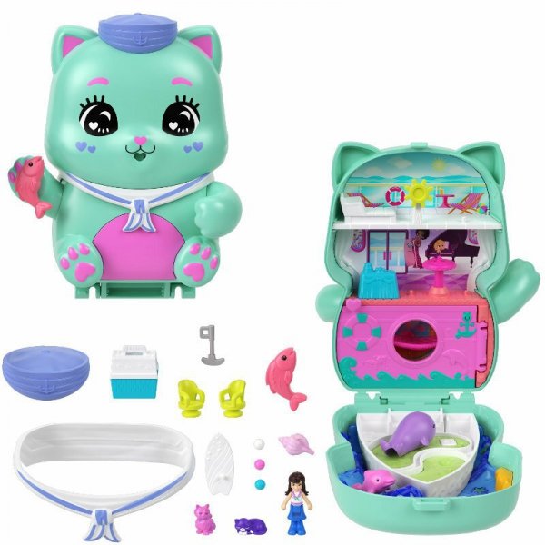 Polly Pocket Koci rejs Zestaw kompaktowy: 1 mikro lalka, 2 figurki kotków i akcesoria JCR37 MATTEL
