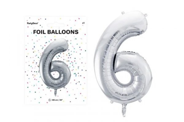 PARTYDECO Balon foliowy Cyfra 6 86cm srebrny 36061