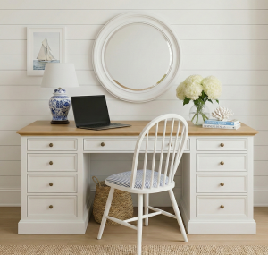 BIAŁE BIURKO Z DĘBOWYM BLATEM