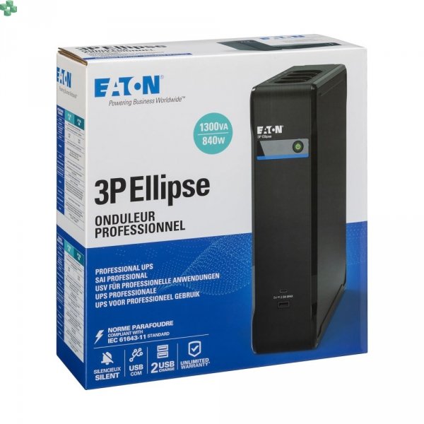 3P1300UF UPS Eaton 3P Ellipse USB FR, 1300 VA, 840 W, wejście: C14, gniazda: (4) francuskie, (4) francuskie tylko z ochroną przepięciową, ładowanie USB, tower