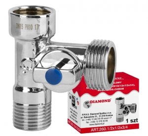 ZAWÓR KULOWY KĄTOWY 1/2x1/2x3/4 KOMBINOWANY 3 DROGOWY DO PRALKI ZMYWARKI