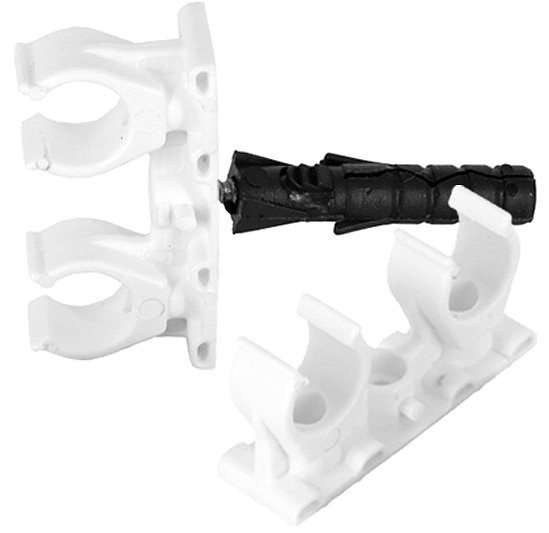 UCHWYT PODWÓJNY PLASTIKOWY KLIPS DO MOCOWANIA RUR PEX 16mm + KOŁEK BIAŁY 18