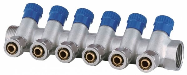 ROZDZIELACZ PEX 1” x 16mm 6 OBWODÓW SEKCJE CWU DO WODY ZIMNEJ MONO MOSIĘŻNY