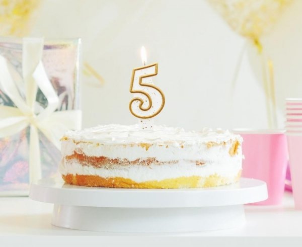 Świeczka urodzinowa na tort brokatowa ZŁOTA CYFRA 5