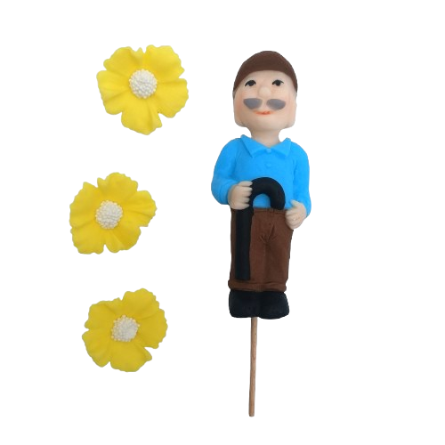 Dekoracja cukrowa Figurka na piku DZIADEK+ 3 KWIATY ZESTAW