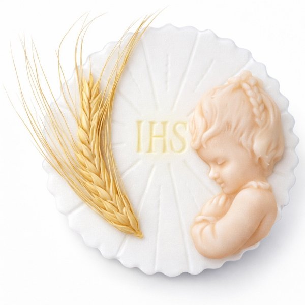 Dekoracja cukrowa na tort komunijny - HOSTIA Z KŁOSEM dziewczynka 10cm (16 szt)