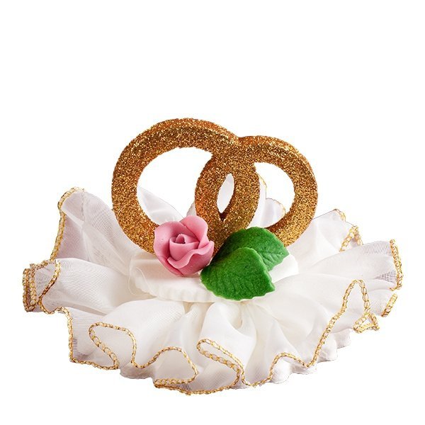 Dekoracja ślubna - obrączki z kwiatkiem na tiulu