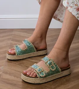Zielone klapki espadryle brokatowe z klamerkami Induri