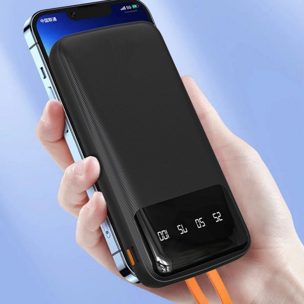 Powerbank K6Pro 10000mAh z wbudowanymi kablami USB-C microUSB iPhone Lightning - czarny