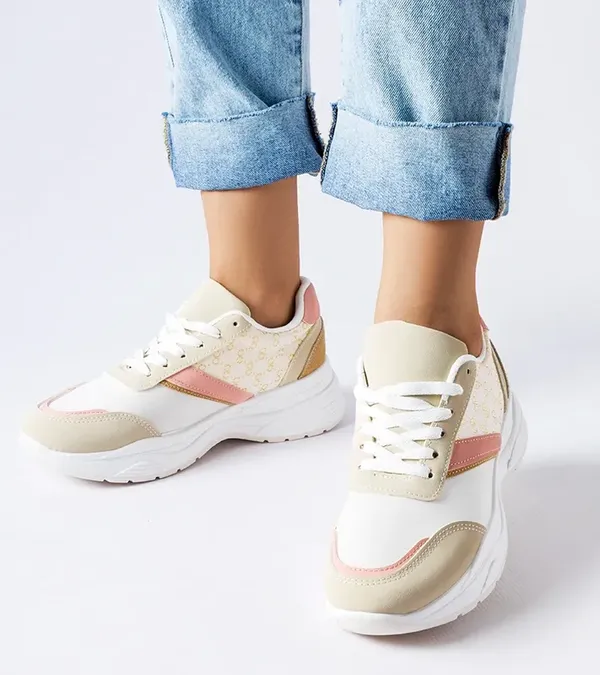 Beżowo-białe sneakersy ze złotym akcentem duffy