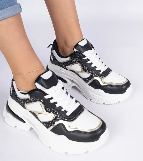 Czarne sneakersy damskie zdobione brokatem Sandoria