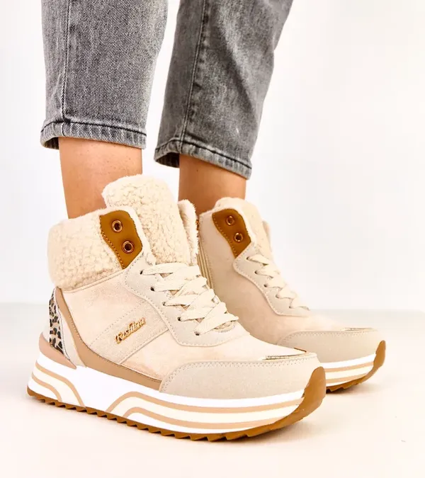 Beżowe sneakersy wysokie ocieplane z kożuszkiem Mirasen