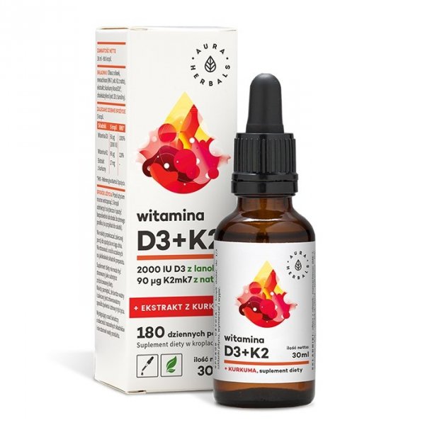 Witamina D3 2000IU + K2MK7 + Ekstrakt z Kurkumy NovaSOL, Aura Herbals