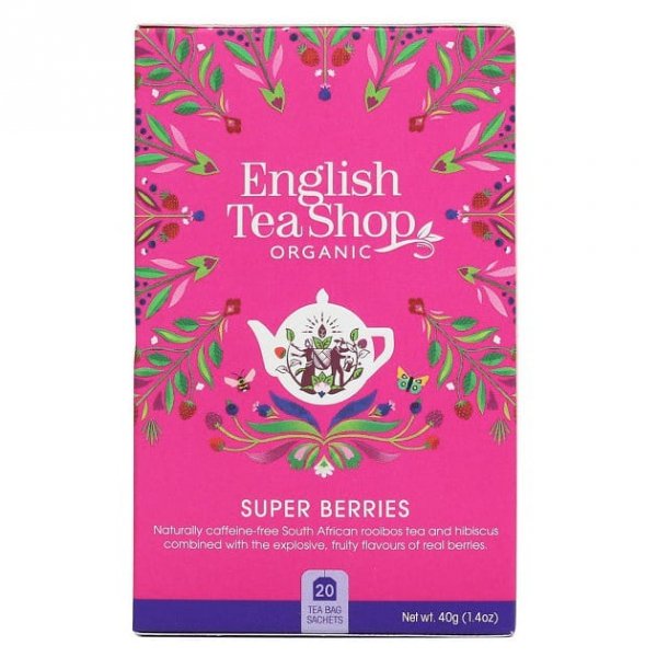 Ekologiczna herbatka ziołowa z hibiskusa z truskawkami, borówkami i malinami, Super Berries, 20 x 2g, English Tea Shop