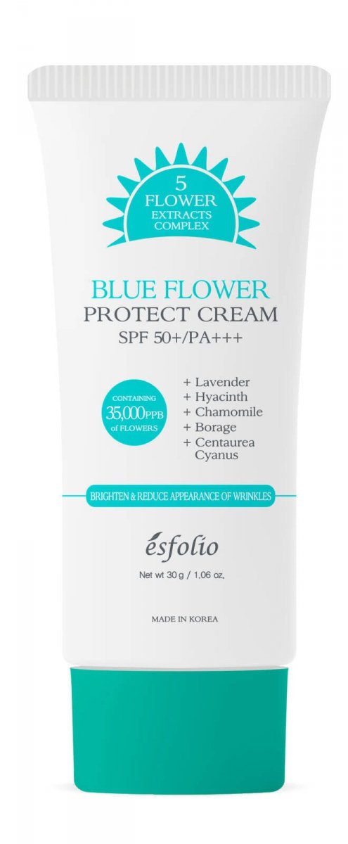 Esfolio, Blue Flower Protect Cream, rozświetlający krem przeciwsłoneczny do twarzy SPF 50+/PA+++, 30 g