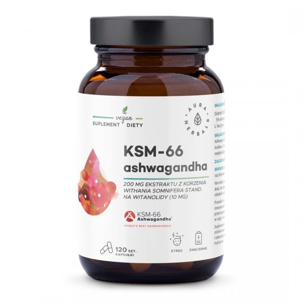 Ashwagandha, KSM-66 Korzeń 200 mg, Aura Herbals, 120 kapsułek
