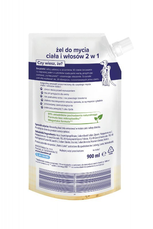 NIVEA Bambino Dzieciaki Żel do mycia ciała i włosów 2w1 Surykatki Refill 900 ml