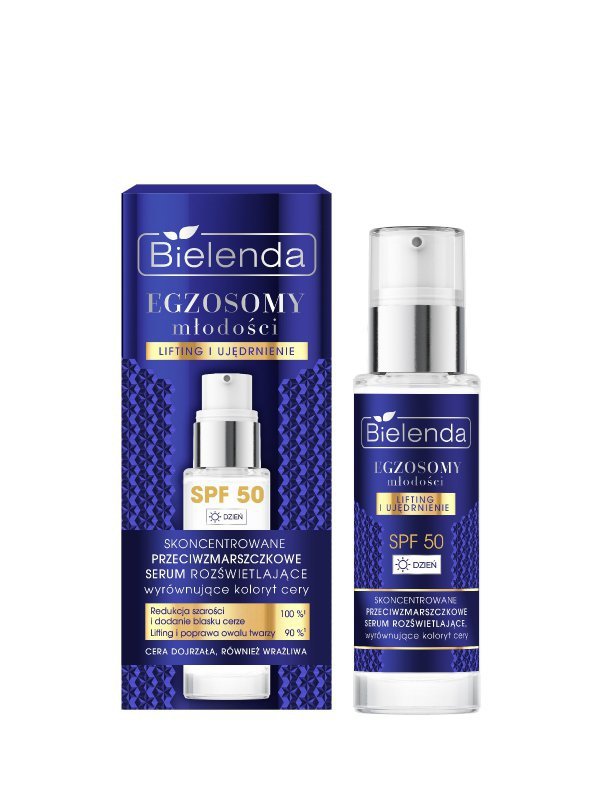 BIELENDA Egzosomy Młodości Skoncentrowane przeciwzmarszczkowe serum rozświetlające, wyrównujące koloryt cery SPF 50 na dzień 30 