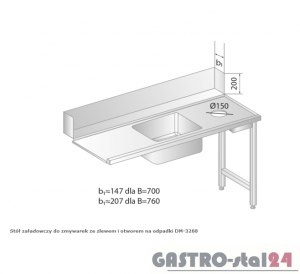 Stół załadowczy do zmywarek ze zlewem i otworem na odpadki DM 3268 szerokość: 700 mm (1200x700x850)