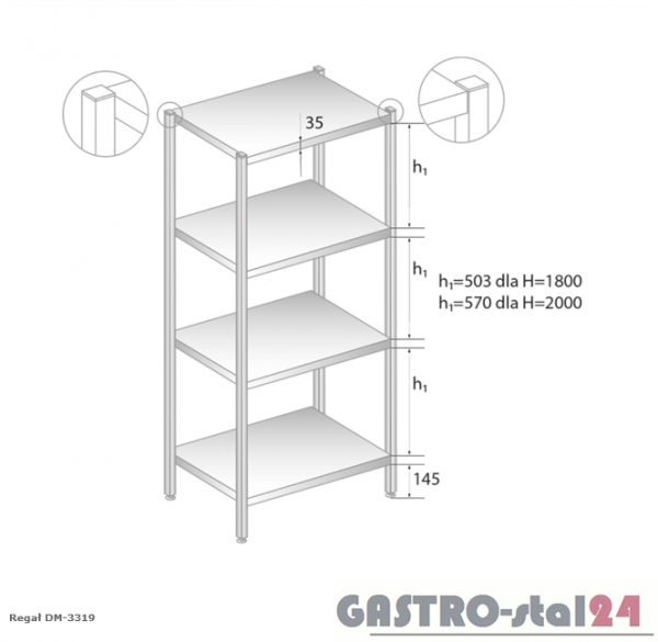 Regał magazynowy z półkami pełnymi DM 3319 szerokość: 700 mm, wysokość: 1800 mm  (600x700x1800)