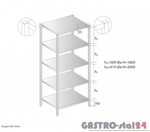 Regał magazynowy DM 3320 szerokość: 500 mm, wysokość: 1800 mm  (600x500x1800)