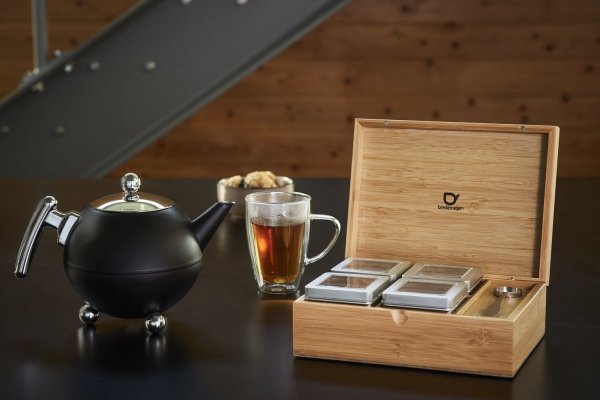 Bredemeijer TEA BOX Drewniany Pojemnik z 4 Puszkami na Herbatę + Miarka / Naturalny