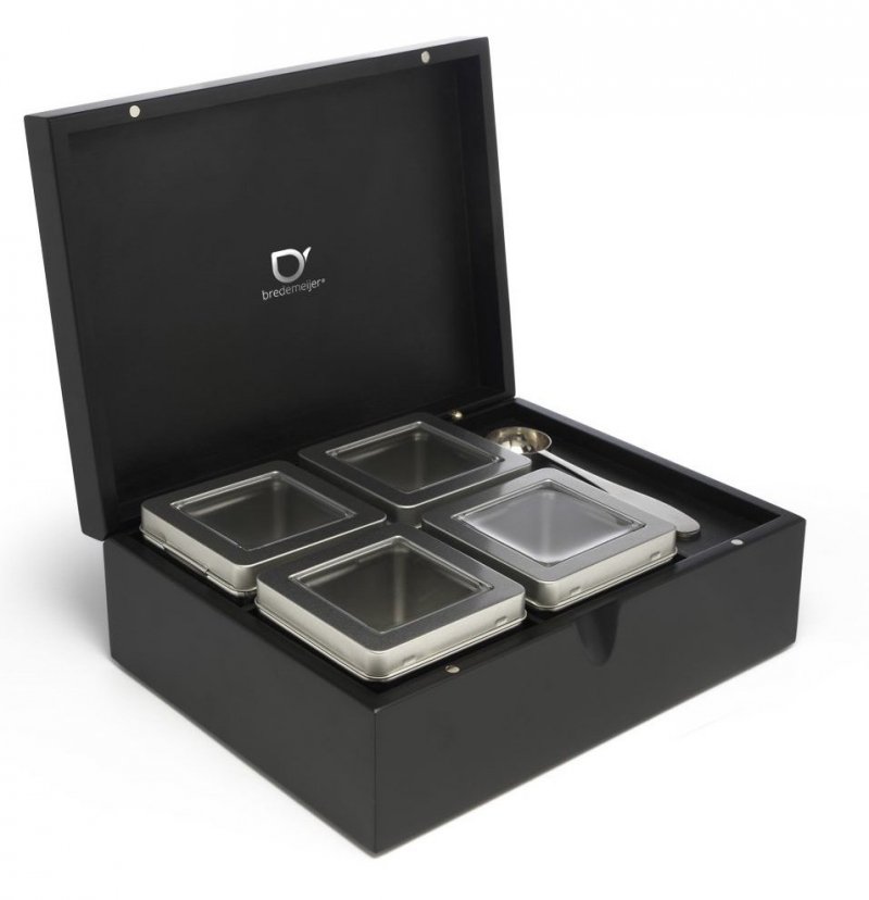 Bredemeijer TEA BOX Drewniany Pojemnik z 4 Puszkami na Herbatę + Miarka / Czarny
