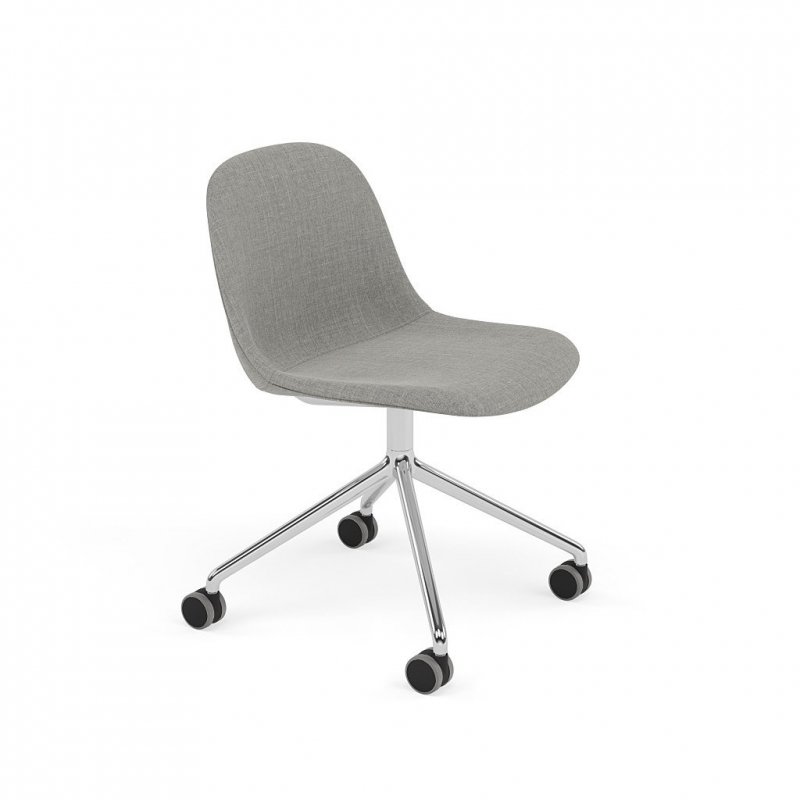Muuto FIBER SIDE Krzesło Biurowe Obrotowe na Kółkach - Szare Tapicerowane / Podstawa z Polerowanego Aluminium