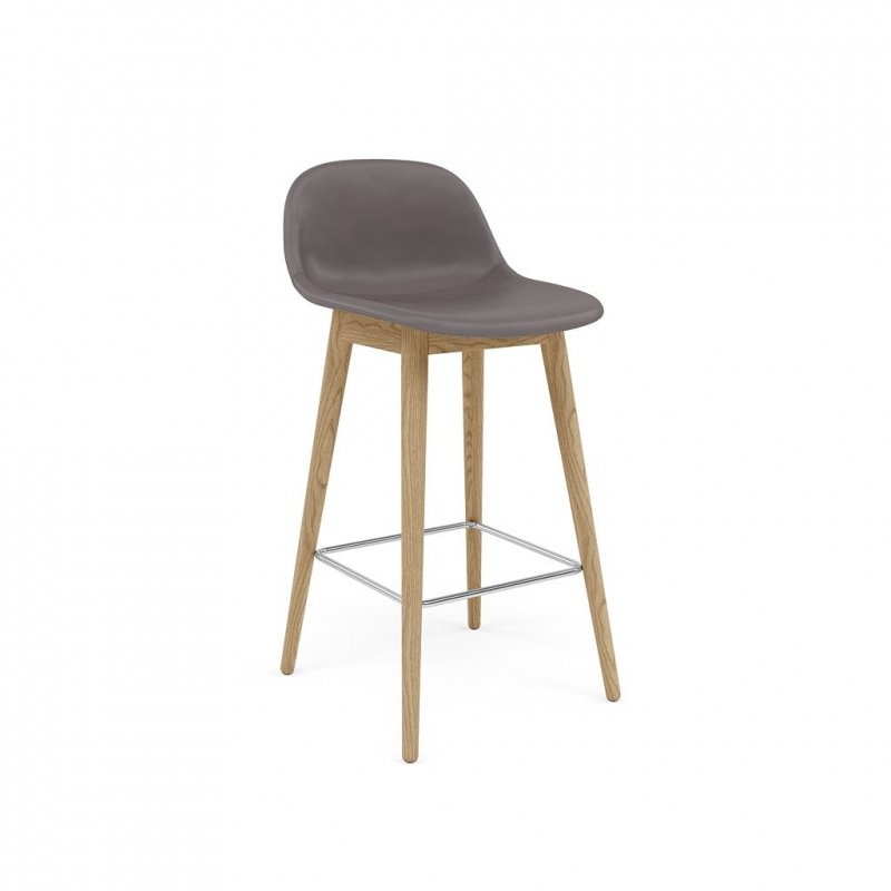 Muuto FIBER Hoker z Oparciem - Stołek Barowy 65 cm Dębowy Naturalny / Siedzisko Tapicerowane Skóra Szara