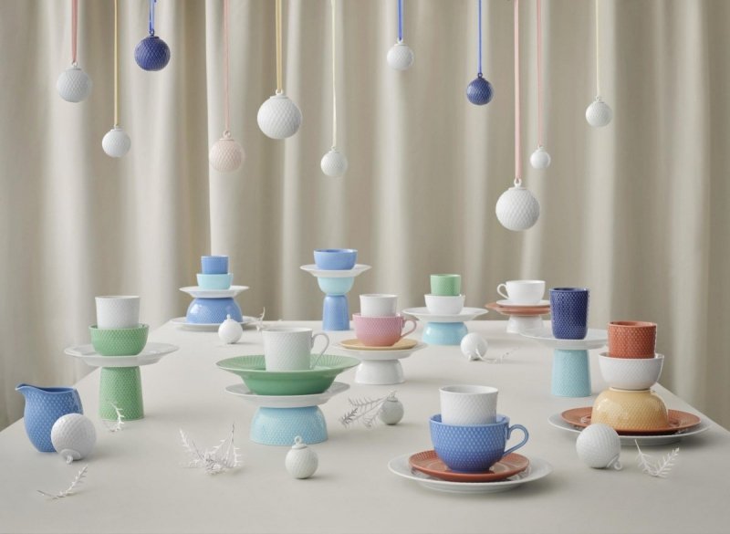 Lyngby Porcelain RHOMBE Filiżanka do Herbaty 390 ml Niebieska z Czerwonym Spodkiem