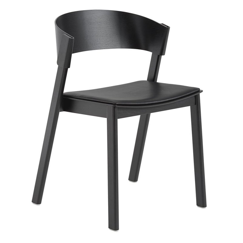 Muuto COVER SIDE Krzesło Drewniane - Czarne Tapicerowane / Siedzisko Skóra Czarna