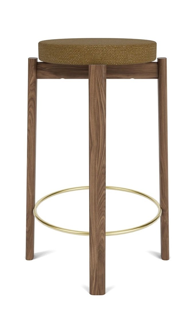 Audo PASSAGE Hoker Tapicerowany - Krzesło Barowe 66 cm Orzech / Obręcz Złota - Tkanina Bouclé 06