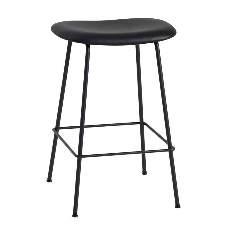 Muuto FIBER Hoker - Stołek Barowy 65 cm Czarny - Siedzisko Tapicerowane Czarną Skórą / Metalowa Rama
