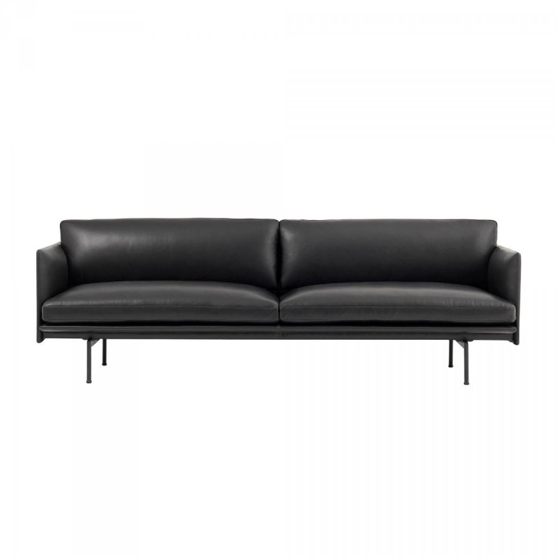 Muuto OUTLINE Sofa 3-Osobowa - Czarna Skóra / Czarne Nogi