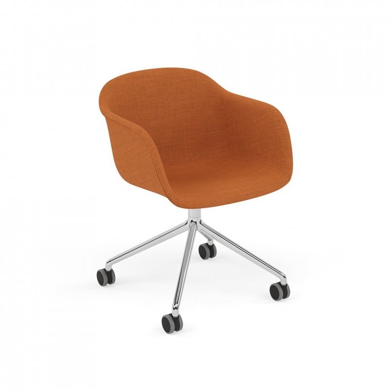 Muuto FIBER ARMCHAIR SWIVEL BASE Krzesło Obrotowe na Kółkach Rama Aluminium Polerowane / Siedzisko Tapicerowane Pomarańczowe Tkanina Canvas 556