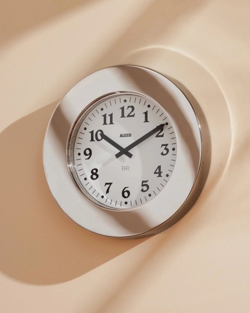 Alessi MOMENTO Stalowy Zegar Ścienny 40 cm Srebrny Połysk