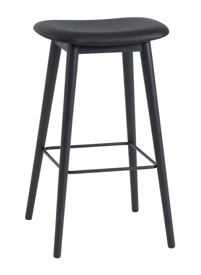 Muuto FIBER SIDE Hoker - Stołek Barowy 75 cm Czarny Tapicerowany / Siedzisko Czarna Skóra