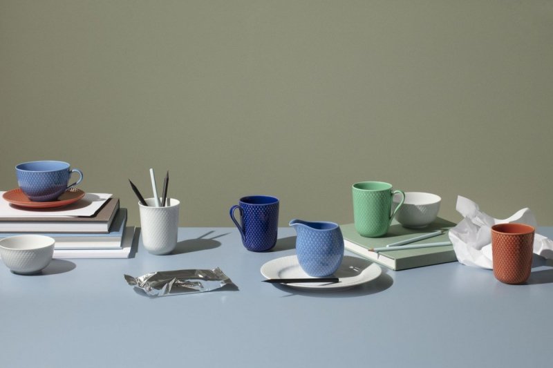 Lyngby Porcelain RHOMBE Filiżanka do Herbaty 390 ml Niebieska z Czerwonym Spodkiem