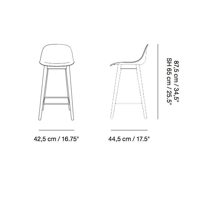 Muuto FIBER Hoker z Oparciem - Stołek Barowy 65 cm Ciemnobrązowy / Siedzisko Tapicerowane Czarna Skóra