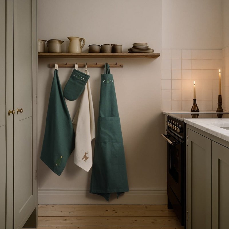 Detal haftu na zielonym fartuchu świątecznym Christmas Fable