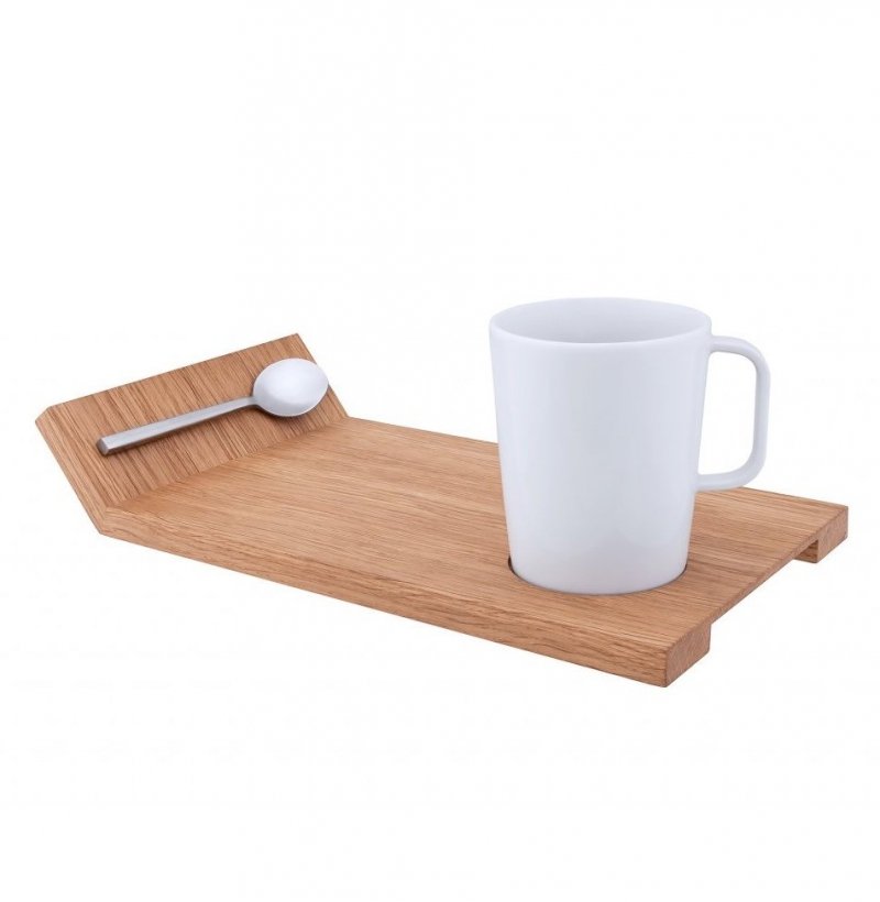 Clap Design RECTANGLE Kubek z Łyżeczką na Drewnianej Tacce 200 ml / Biały