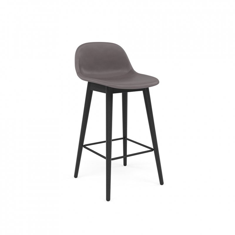 Muuto FIBER Hoker z Oparciem - Stołek Barowy 65 cm Czarny / Siedzisko Tapicerowane Skóra Szara